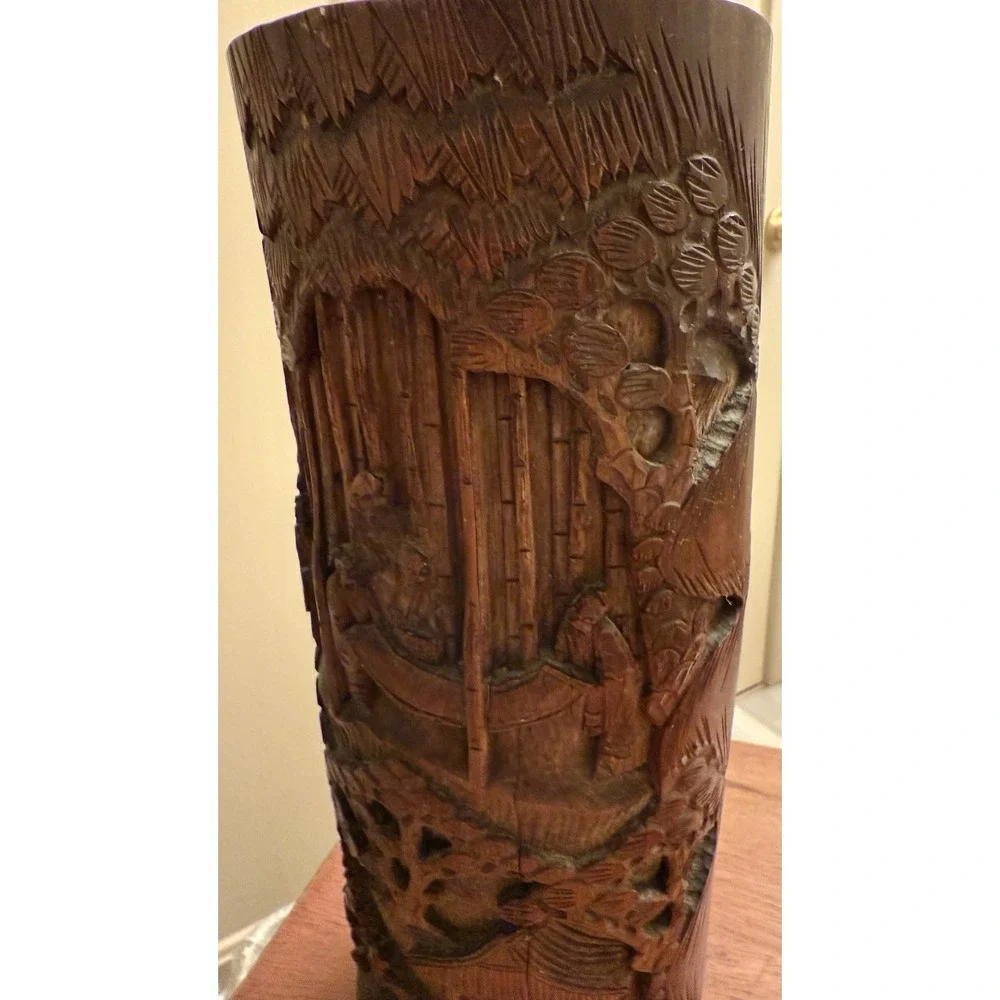 Antique Chinese carved‎ landscapes and figurines bamboo brush pot Vase